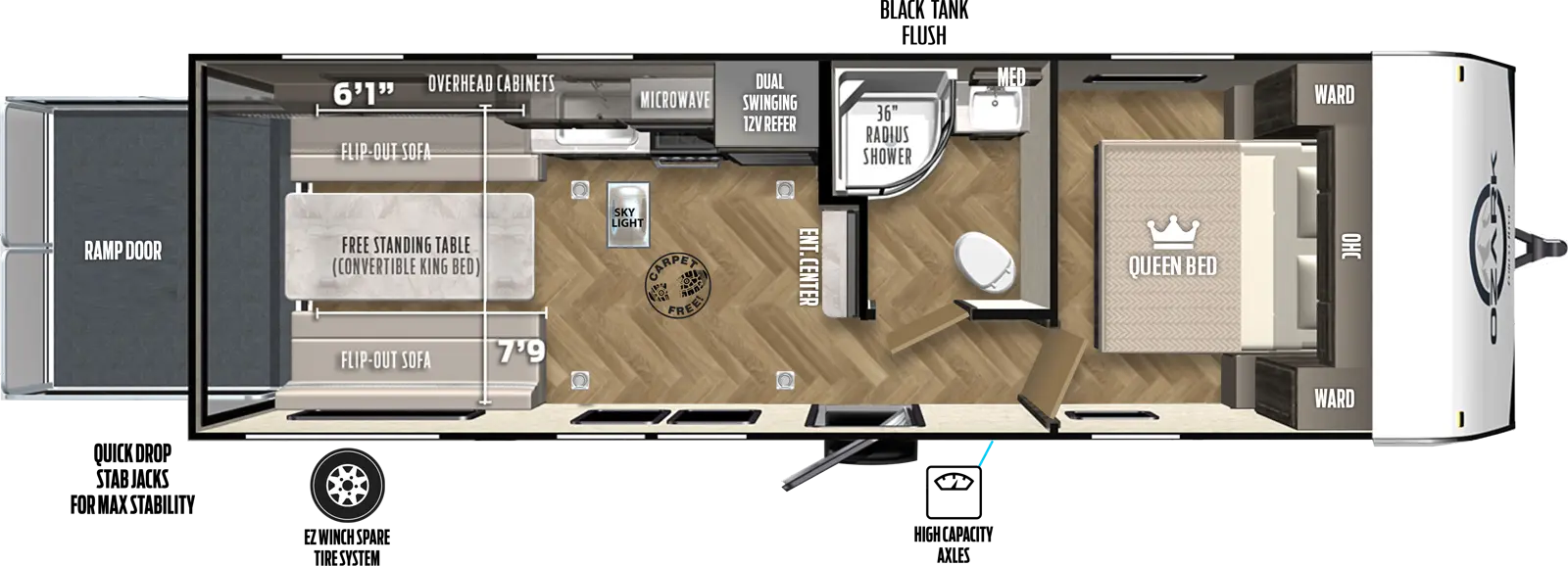 The Ozark 2500TH is a toy hauler model with one side entry door, pass-through storage, LP quick connect, spray port, exterior shower, black tank flush, and 15' awning on the exterior. Inside, there is a 60" x 74" queen bed in the front of the unit, with wardrobe cabinets and room to stand on either side of the bed and overhead cabinets mounted above. The bedroom door leads into a short hallway that opens into the main living area. The bathroom is located on the right side of the hallway and contains a corner radius shower with skylight, sink and medicine cabinet, and commode. There is a TV mounted on the outside of the far bathroom wall, situated perpendicular to the length of the unit and facing the rear wall. The kitchen area is on the right and contains an 11 cubic foot refrigerator, stovetop and oven, and sink, with cabinets and a microwave mounted overhead. In the rear is a removable table with a 30" x 72" sofa sleeper on either side.When these are moved out of the way, the remaining space functions as a 156" long, 84" high garage.